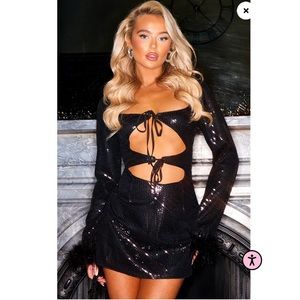 Holiday Black Sequin Feather Tie Cut Out Feather Trim Dress PrettyLittleThing 2